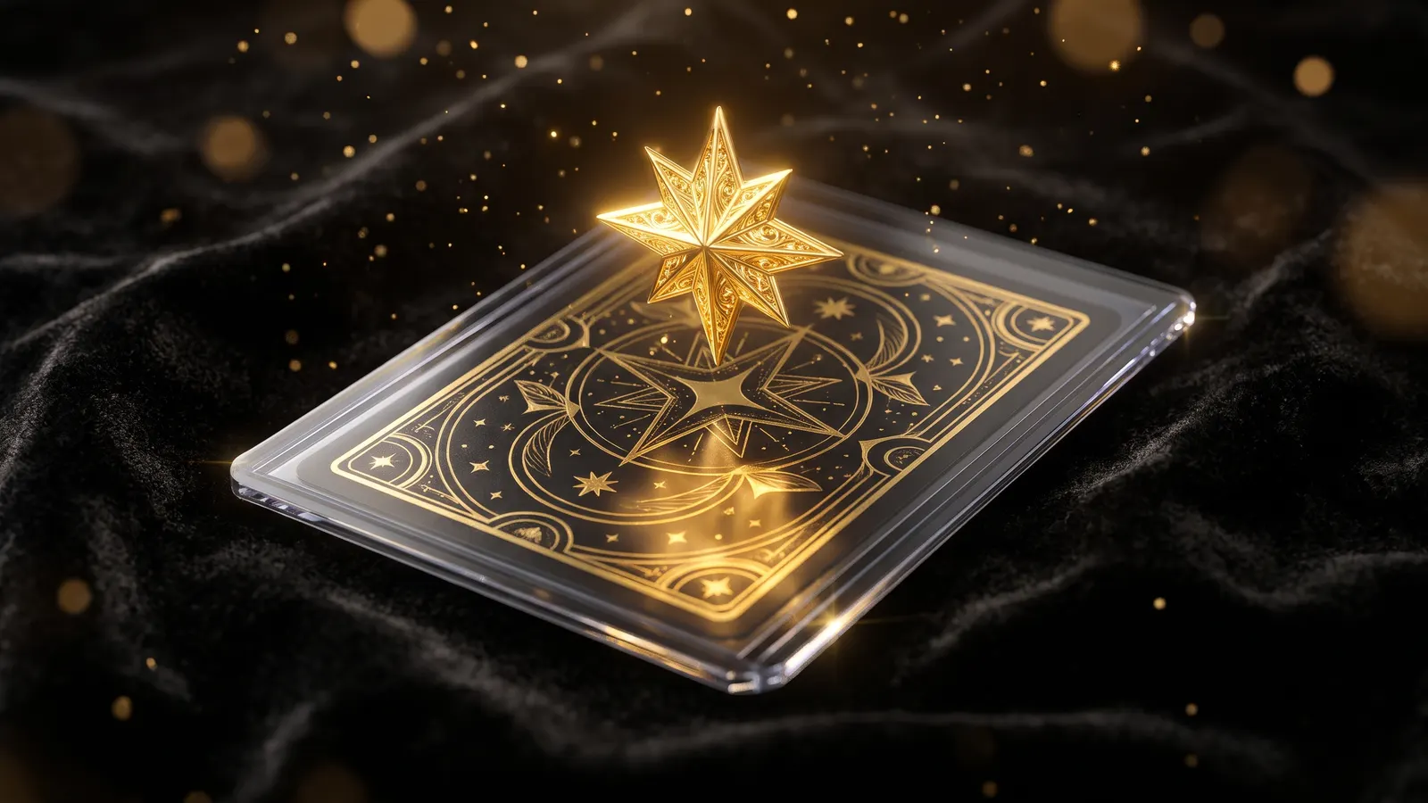 Glowing gold star above a trading card on black velvet