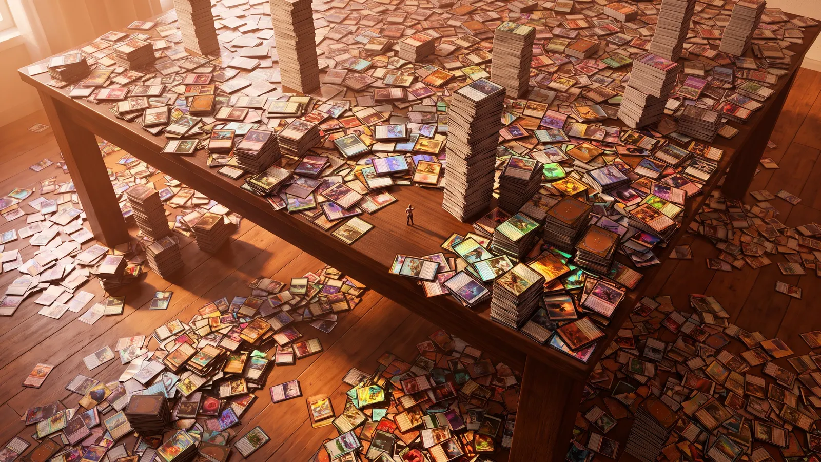 A table covered in thousands of trading cards and tall stacks