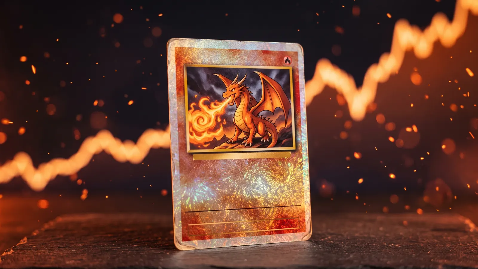Holographic fire dragon card in front of a rising orange price chart