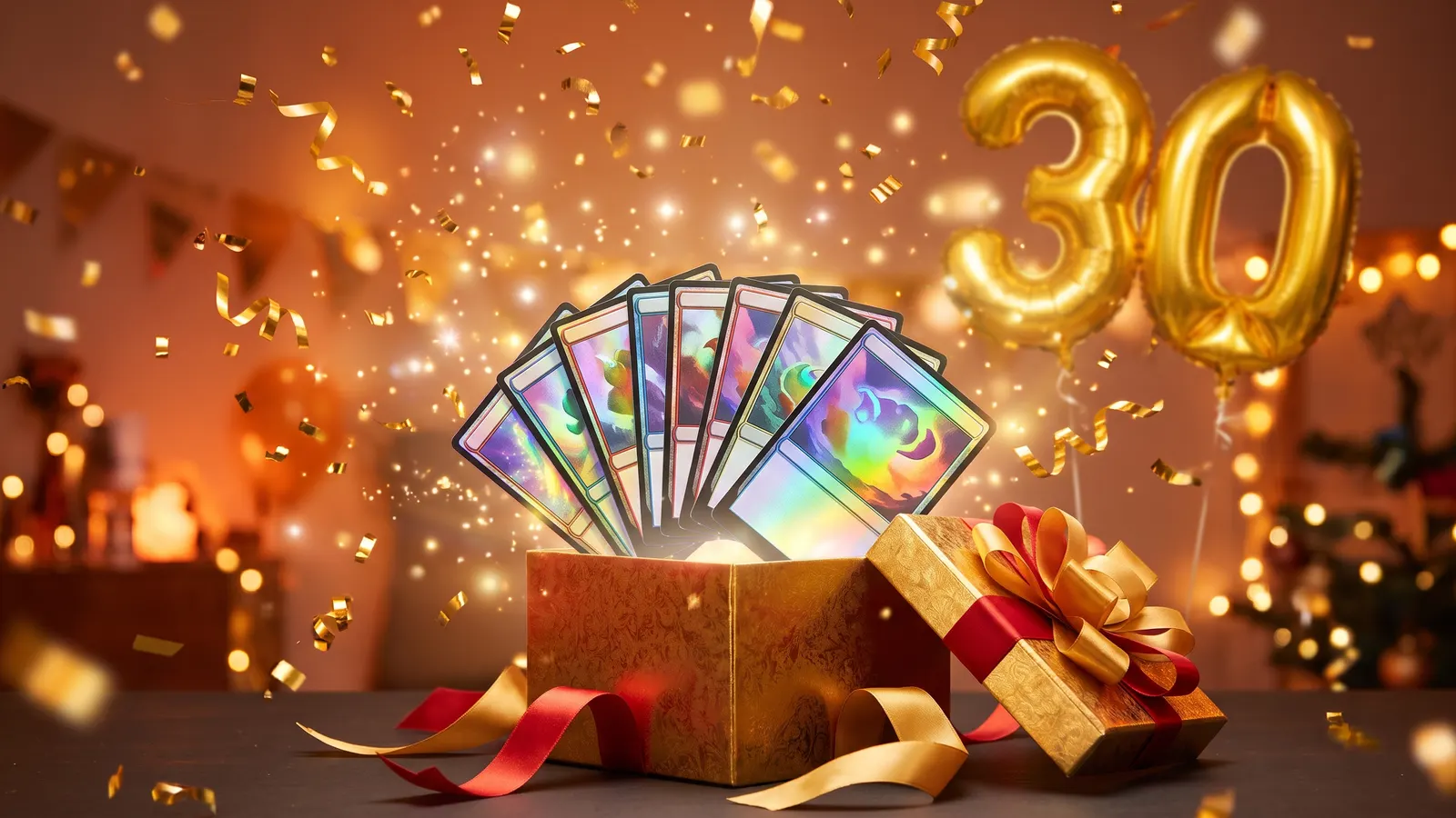 Holographic trading cards bursting from a gift box beside a gold 30 balloon