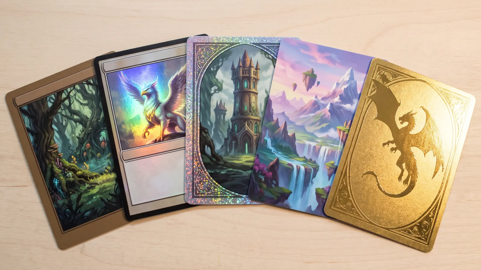 Five trading cards with different finishes, from plain to gold